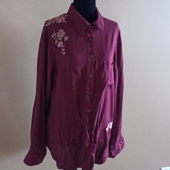 Sz L Know Rose Embroidered Rose Long Sleeve Button Linen Blend Top - Picture 1 of 15